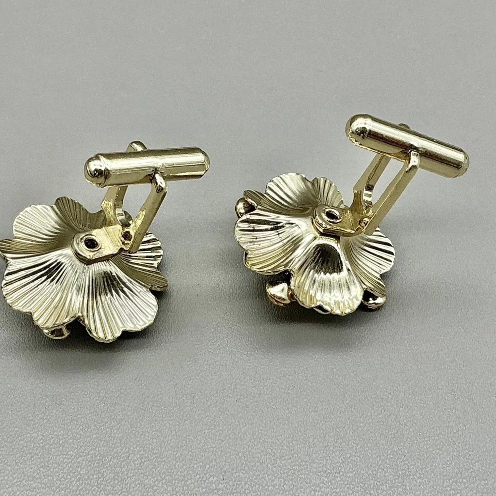 Vintage Floral Cufflinks Gold Tone Red Cabochon Rhinestone Flower Men's Jewelry